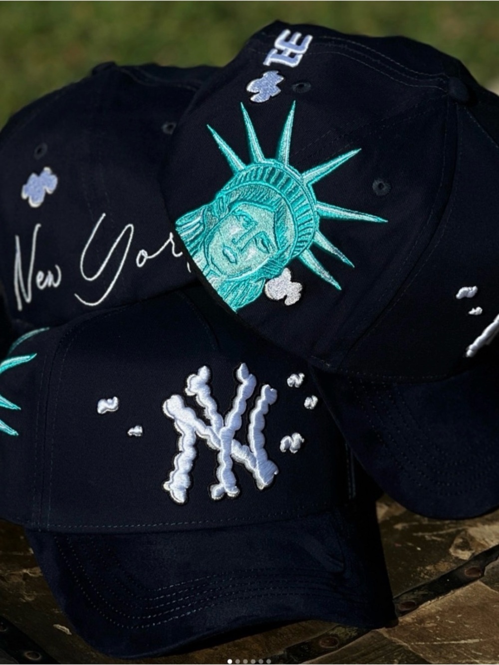 thirty-one Navy Baseball Cap with Teal Statue of Liberty Embroidery